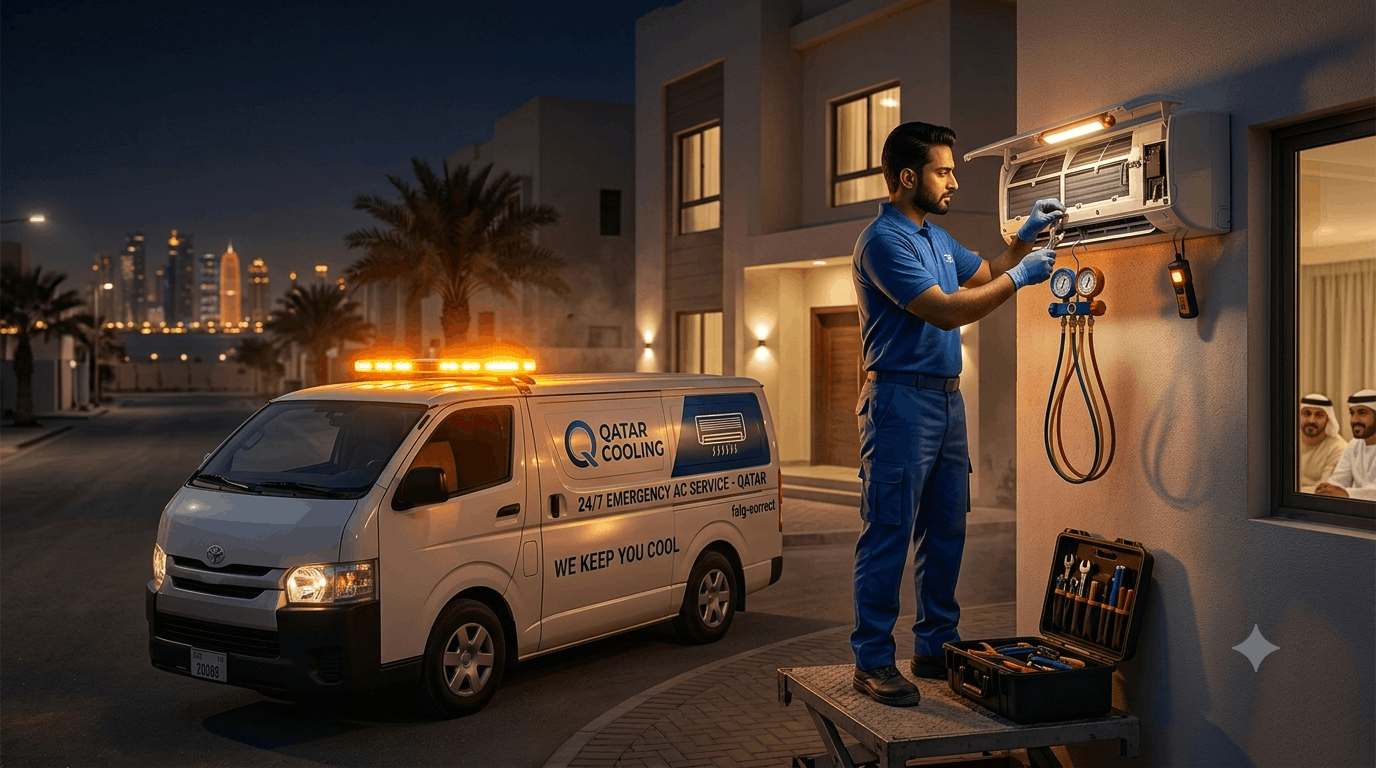 Technician servicing an AC with service van in background